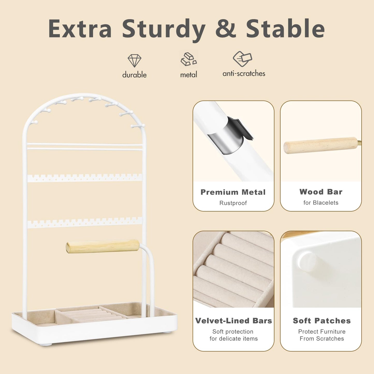 Saydear Multi-Functional Jewelry Holder Organizer Necklace Display Stand Velvet Lined Bar for Rings 2 Tier with 18 Hooks, 32 Earring Holes - Sturdy and Durable, Easy Organization White