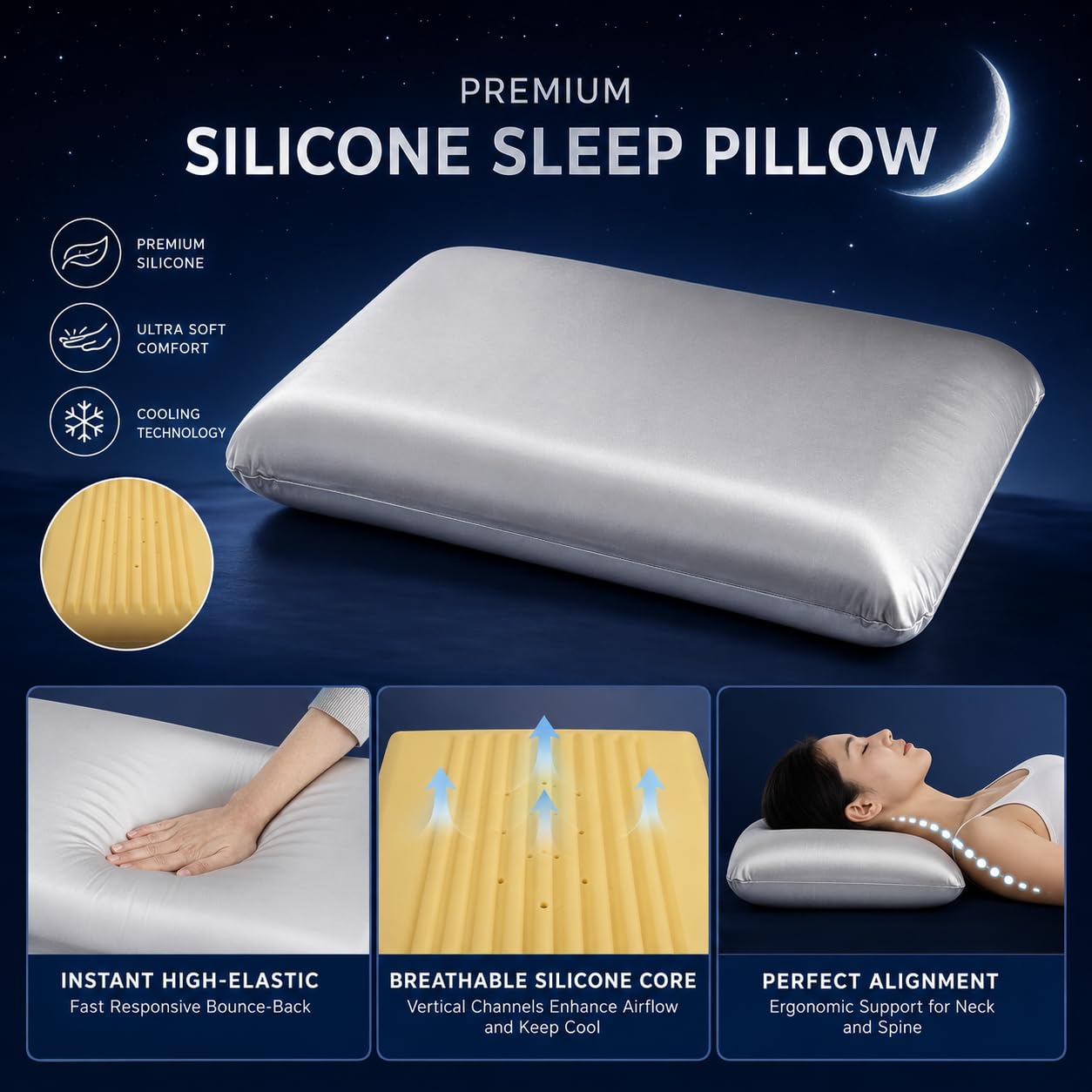 ASRIO Cooling Wave Silicone Pillow for Side Sleepers, 4.72 Inch Height Ergonomic Bed Pillow with Breathable Washable High Resilience Core, Medium Firm Support,Queen Size