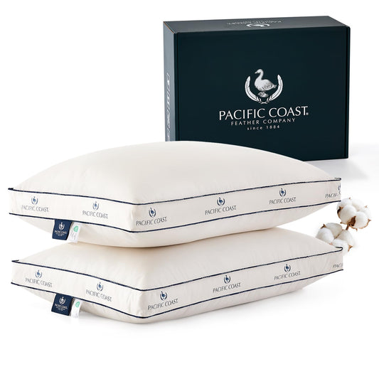 Pacific Coast Goose Feather and Down Pillows, Queen Size Set of 2, Gusseted Pillows, Bed Pillows for Sleeping, Good for Side and Back Sleepers, 100% Organic Cotton Fabric