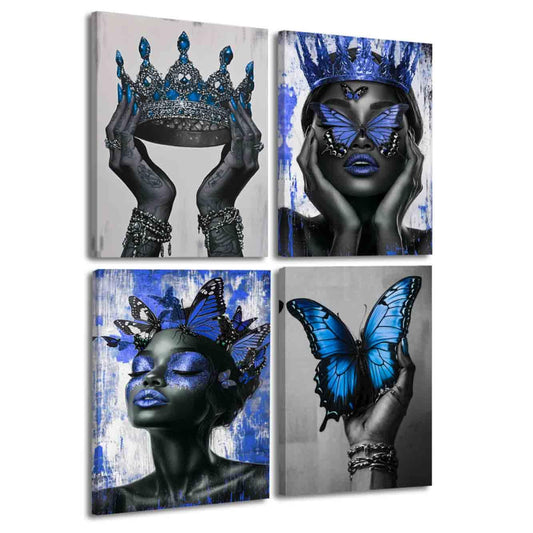 BJYCHG 4Pcs African American Canvas Wall Art Black Woman with Butterfly Painting Prints Black Queen Crown Poster Inspirational Pictures Fashion Girl Bedroom Room Decor (Blue, (8x12inx4 Pieces))