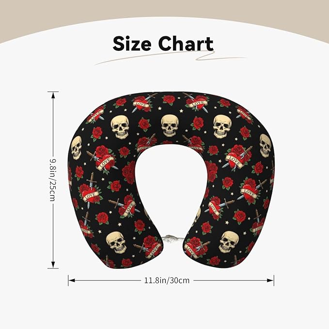 Neck Pillows for Travel Red Rose Sugar Skulls Flowers Floral, Women and Men Airplane Car Pillow, Neck Support U Shaped Pillow for Rest Pain Relief Sleeping