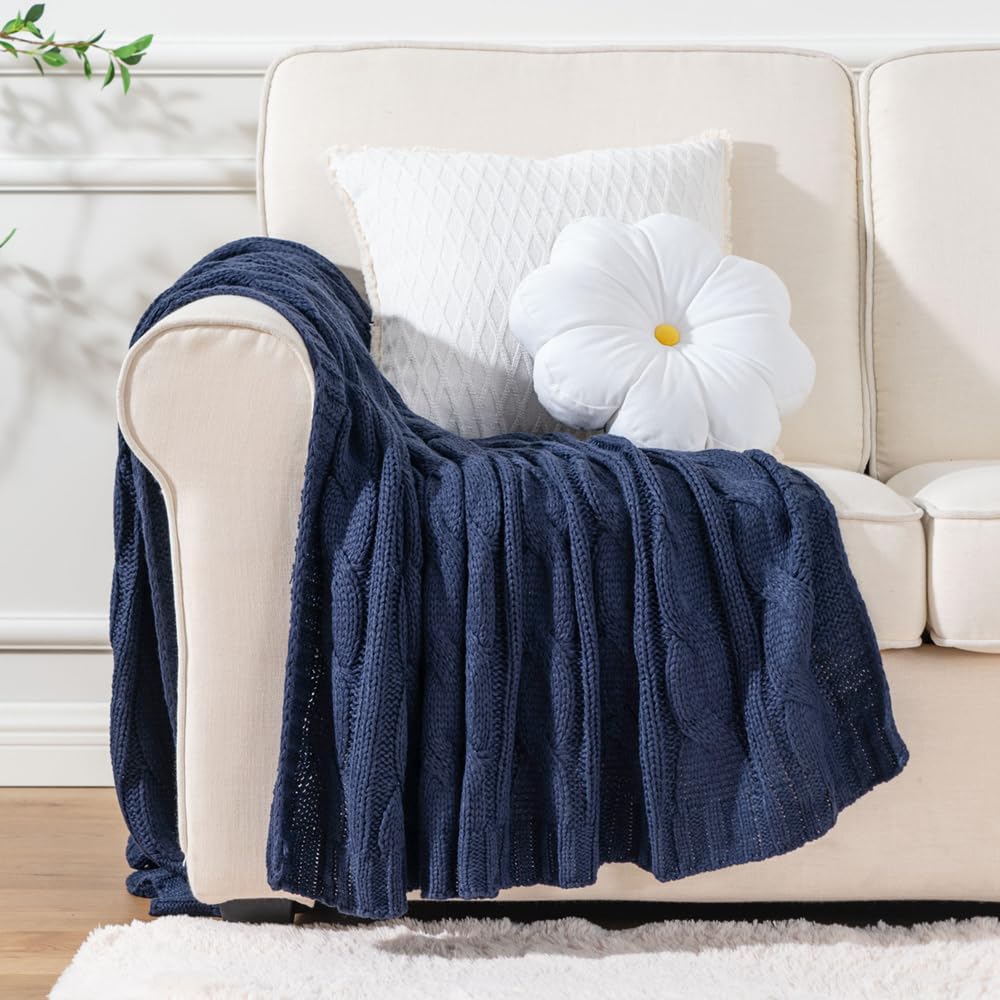 Battilo Navy Cable Knit Throw Blankets for Couch, Super Soft Warm Cozy Decorative Knitted Throw Blanket for Bed, Sofa, Chair 50"x60"