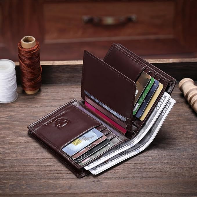 LEBULLBRO Genuine Leather Bifold Wallet RFID Blocking Wallet Large Capacity Purse Credit Card Holder for Men with 15 Card Slots (Black)