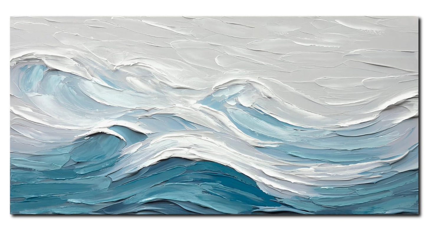 TRAIN2 ART Abstract Wall Art for Living Room Blue and White Ocean Paintings Wall Decor Modern 3D Textured Canvas Wall Art Large Artwork for Living Room Bedroom Office 20"x40"