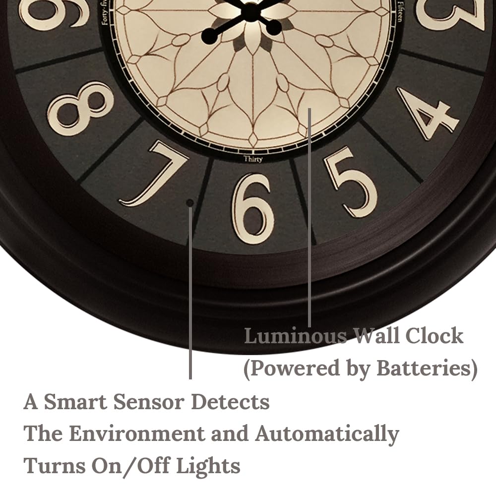 Presentime & Co. 18" Luminous Large Wall Clock, Oil Rubbed Bronze Finish, Night Light, Lighted Clock with Smart Sensor to Turn on/Off Lights. Wall Décor for Living Room, Dining Room, Kitchen.