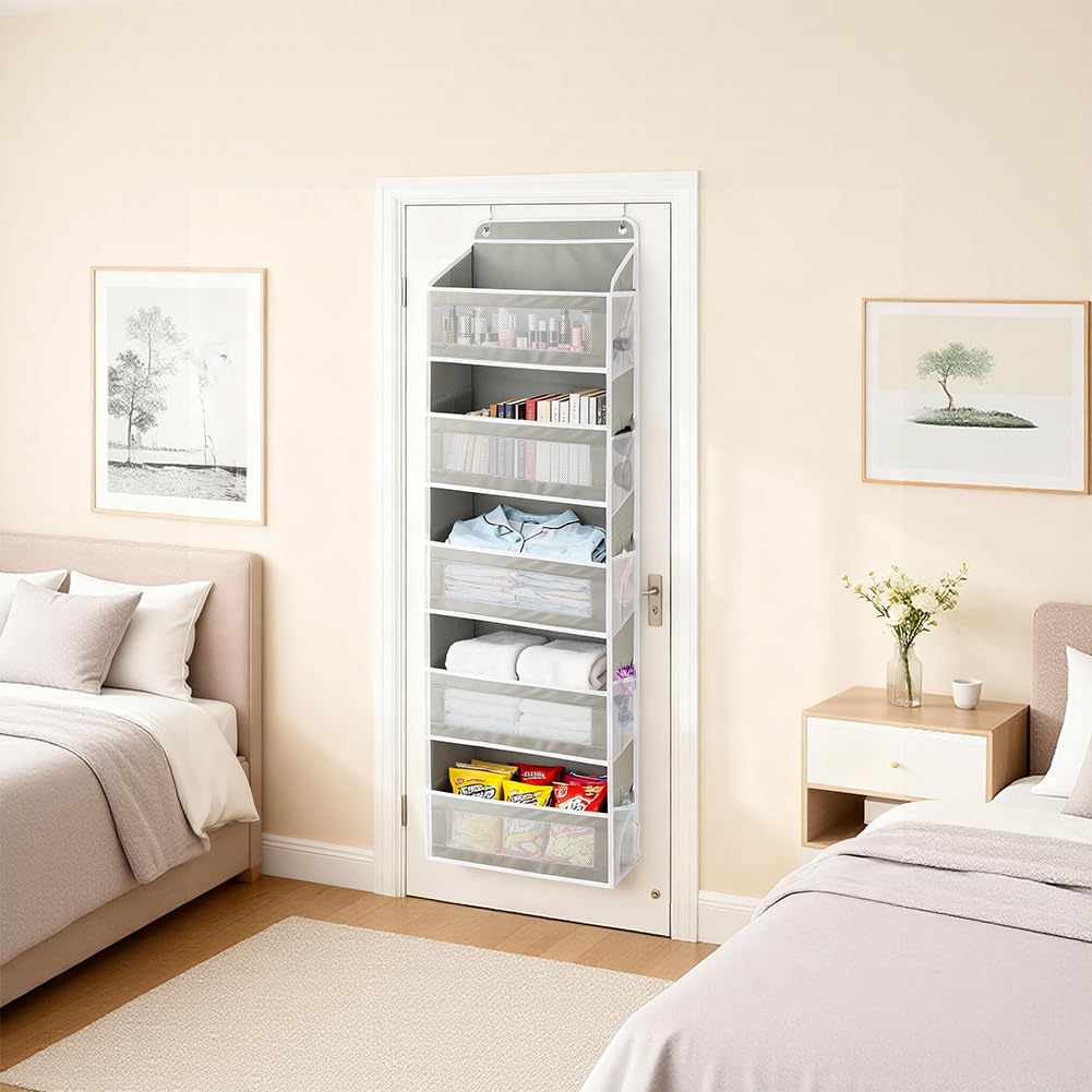 GINOYA Over The Door Storage Organizer with 5 Extra Large Pockets & Side Mesh Pouches, Hanging Closet Door Organizer for Bedroom, Baby Nursery Storage, Anti-Tilt Design, Fits 1.6" Doors-Gray