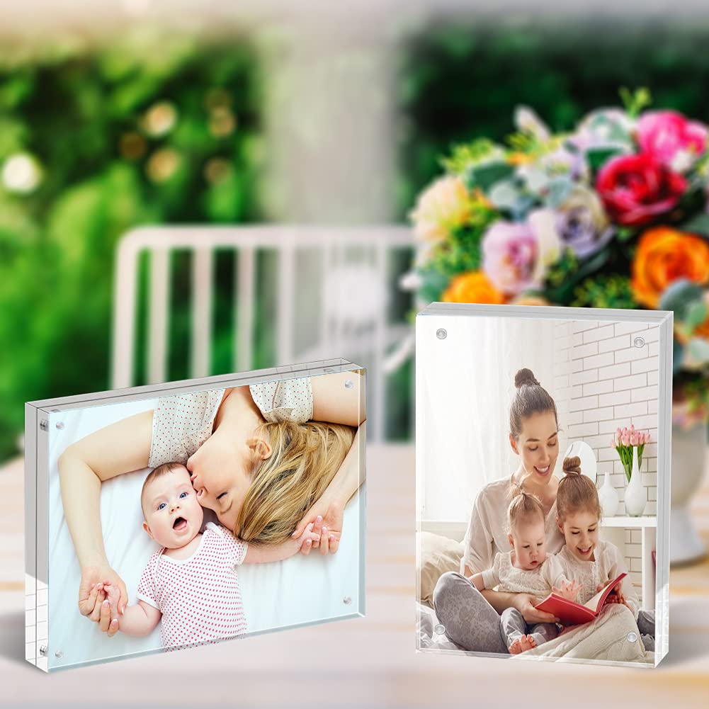 ILYXY 2 Pack Acrylic Frame 5x7, 20% Thicker, 24mm Thick Frameless Clear Picture Frame, Double Sided Magnetic Photo Frame, Free Standing Desktop Display Stand Acrylic Picture Frames