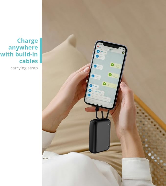 10000mAh Power Bank with 30W Fast Charging - Ultra Compact Portable Charger for iPhone, Samsung, Laptop, & More - Built-in USB-C Cable & PD Port (Gray)