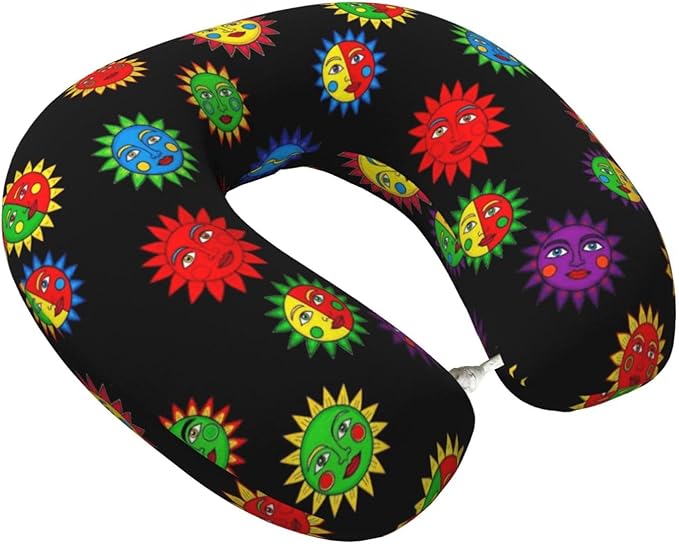 Neck Travel Pillow, Women Men Washable Airplane Car Pillows Trippy Sun Moon Art Black, Head Support Rest U Shaped Cushion Comfortable for Watching TV