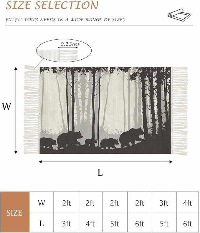 Rustic Bear Entryway Rug 2X3 Ft Bathroom Mat, Washable Woven Forest Animal Rustic Cabin Throw Carpet with Tassel, Non-Shedding Farmhouse Vintage Nature Scenery Art Indoor Outdoor Kitchen Doormats
