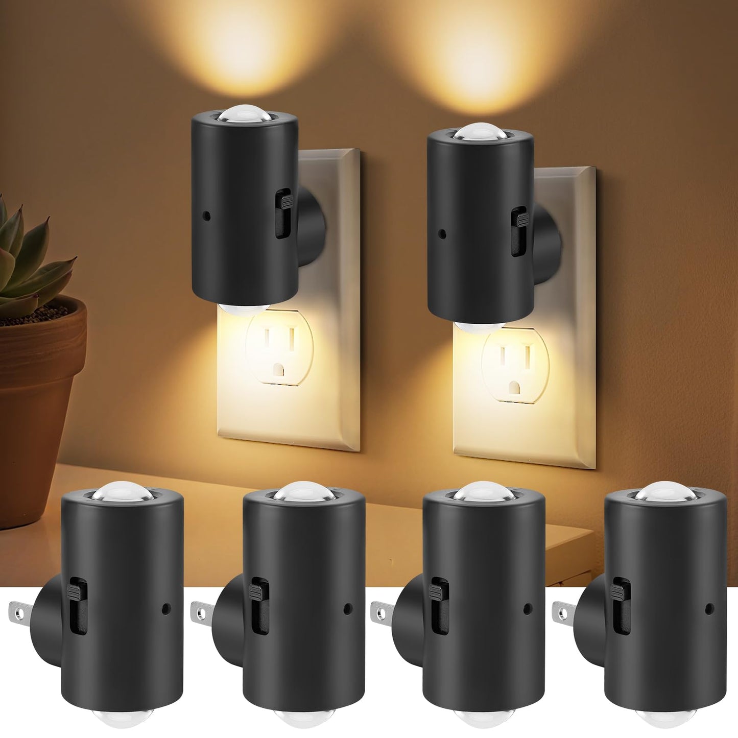 TSEXES LED Night Lights Plug into Wall,Dimmable Plug in Night Light, Dusk to Dawn, 0-200LM Bright Nightlight Auto-On/Off, 3000K Night Lights for Bedroom Hallway Stairway, 4 Pack