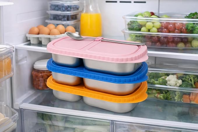 SHRONGZHI 304 Stainless Steel 2-Compartment Snack and Lunch Container with Easy-Open Silicone Lid, Built-In Utensil Clip, Leak-Proof and Stackable Design - Reusable Food Storage Box (SET B, 3 Pack)