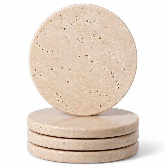 Koville Travertine Coasters, Marble Coaster Set of 4 for Drinks, 4" Round Stone Coasters Set Heat Resistant, Decorative Modern Cup Coaster for Coffee Table Home Bar Decor, Unique Gift Choice(Beige)