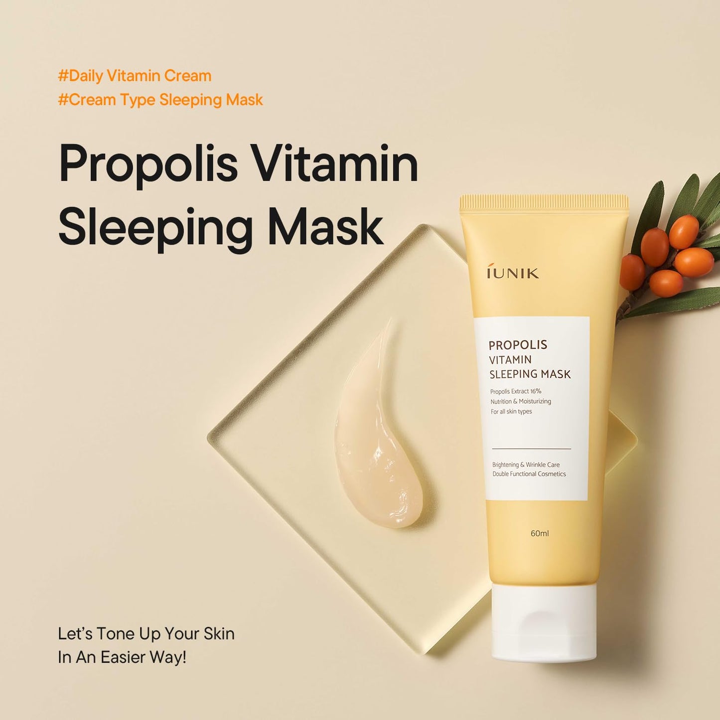 IUNIK Propolis Vitamin Sleeping Mask – Propolis, Vitamin C & Centella Overnight Moisturizing Sleeping Mask for Radiant, Firm-Looking Skin, Korean Skincare, 60ml / 2.02 fl oz