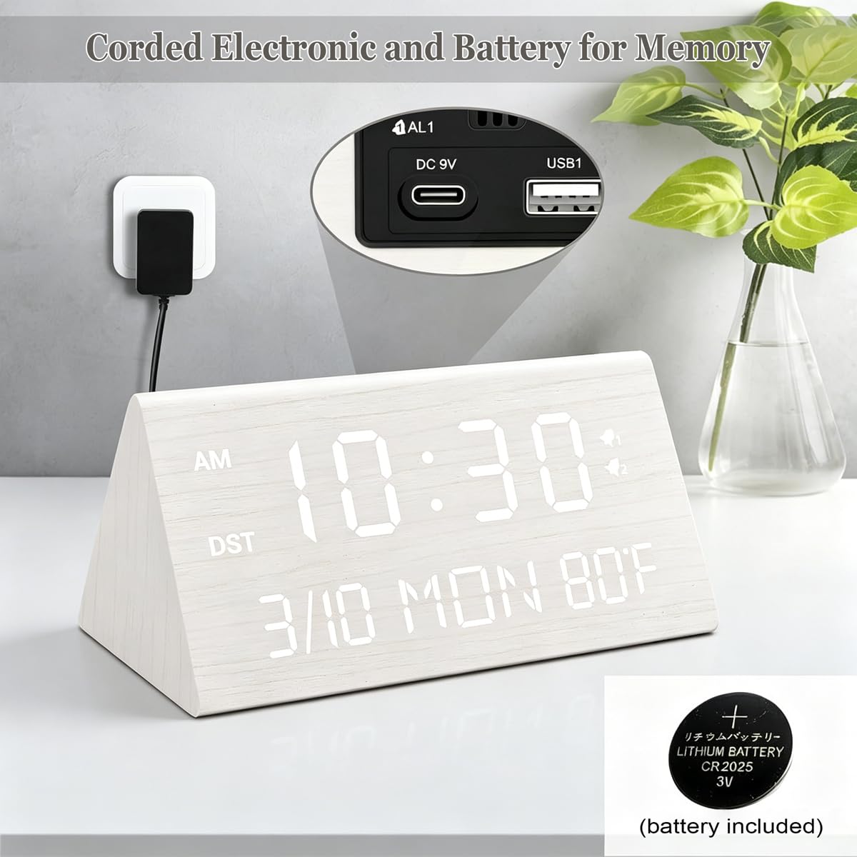 Kogonee Wooden Digital Alarm Clock, 0-100% Dimmer, 2 Alarm Settings, Weekday/Everyday Mode, 9 Mins Snooze, 12/24H, Temperature and Date Display for Office, Travel, Bedroom Alarm Clock (White)