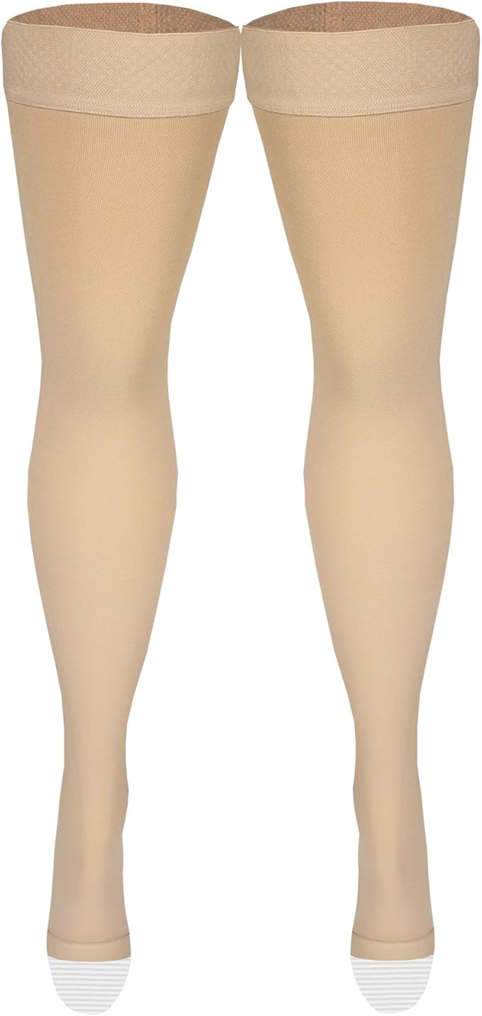 Amazon Basic Care Medical Compression Stockings, 20-30 mmHg Support, Women & Men Thigh Length Hose, Open Toe, Beige, 2X-Large (Previously NuVein)