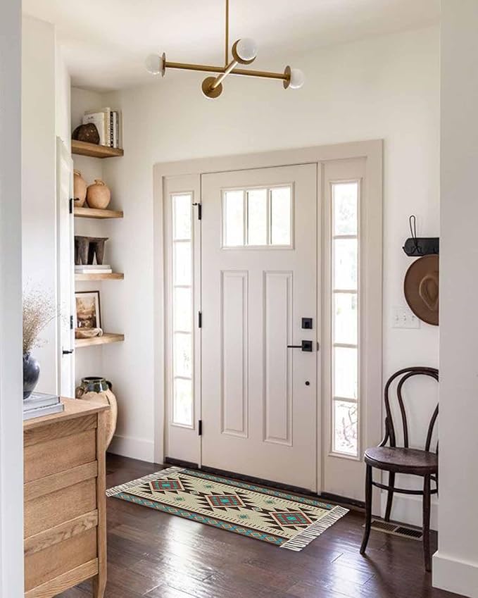 Boho Southwestern Kitchen Hallway Runner Rug 2X5 Ft Carpet, Washable Woven Aztec Abstract Geometric Throw Carpet with Tassel, Non-Shedding Vintage Native American Patterned Entryway Laundry Rugs