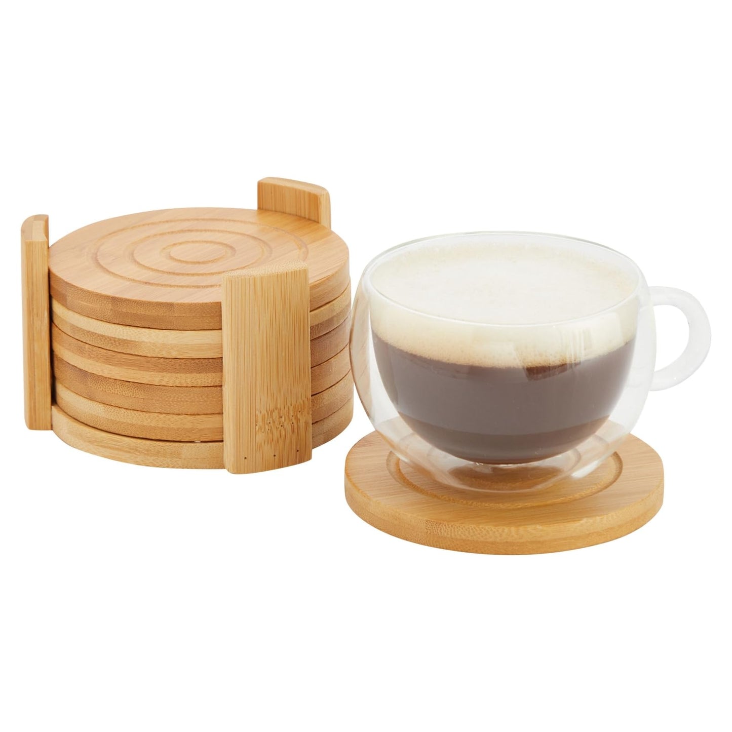 Juvale Coasters Set of 6-4.3-Inch Round Light Brown Bamboo Wood with Holder - Wooden Drink Coasters for Coffee Table Decor & Home Decor