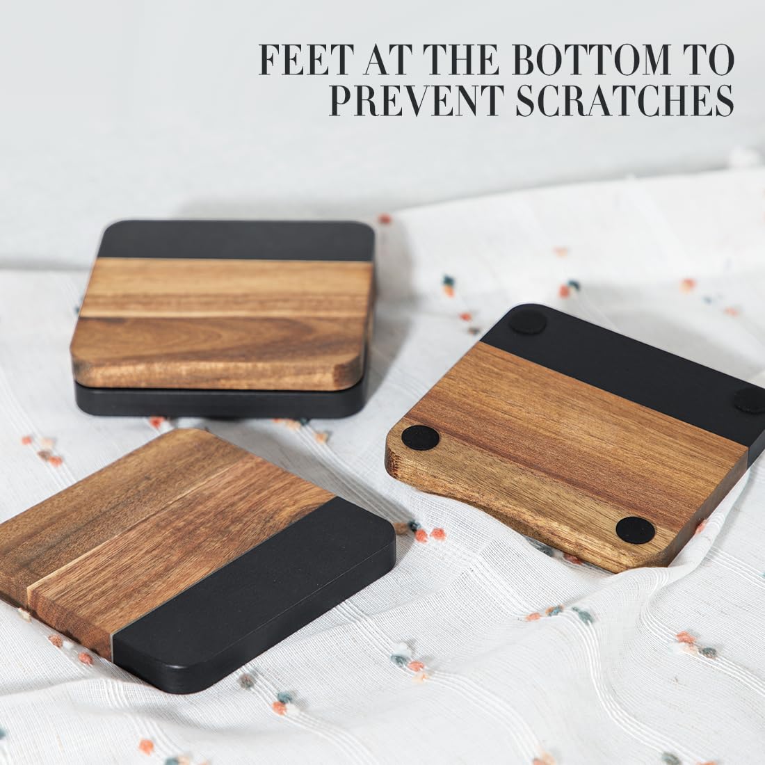 LiWiBet Acacia Wood Black Marble Coasters for Drinks Set of 4, Square Non-Slip Wooden Stone Coaster Coffee Table Accessories Manly Coaster for Men Coffee Table, Bar, Office - Rustic Modern Style