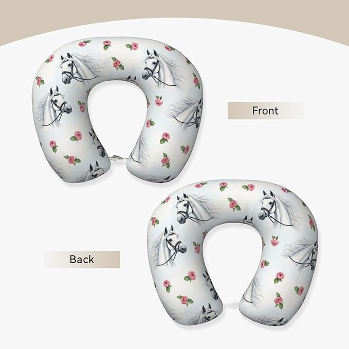 Comfortable Travel Pillow for Pain Relief Sleeping, Memory Foam Airplane Car Neck Pain Pillows Watercolor Painting White Horse, Funny Chin Head Support Cushion