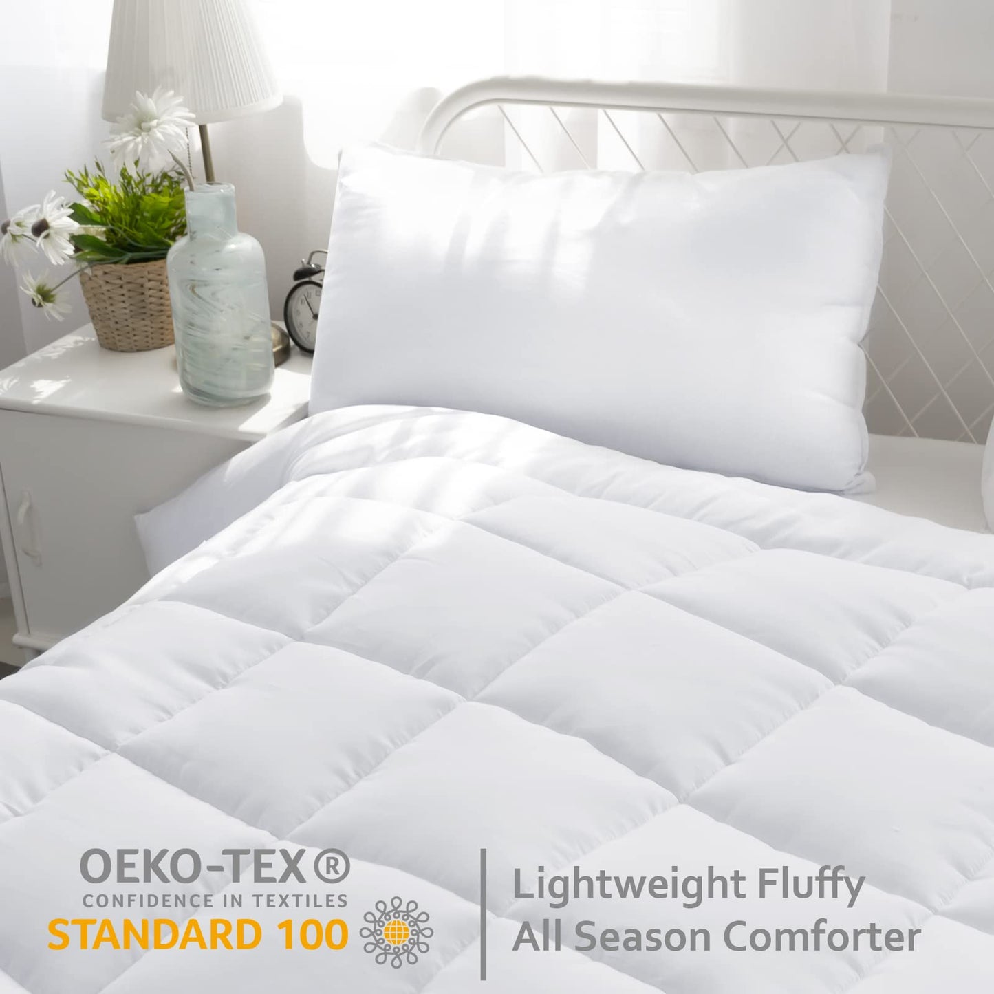 Down Alternative Comforter Queen/Full Size White, Queen Bed Quilted Comforter with Corner Tab, Warm, Lightweight, All Season, Plush Siliconized Fiber Filling - Box Stitched