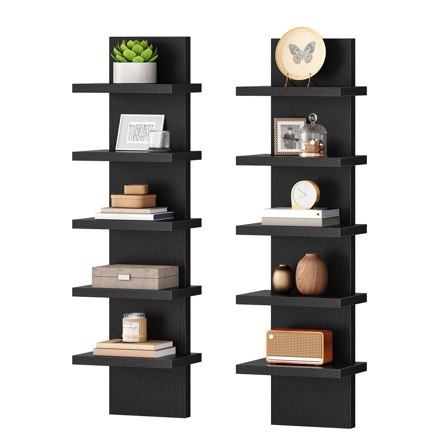 HOOBRO 5 Tier Wall Shelf Unit, 2 Pack Floating Shelves for Wall, Wall Mounted Shelves for Storage, Vertical Display Shelf, Organizer Tall Tower Design for Livingroom Bedroom Kitchen, Black BK18BJP201