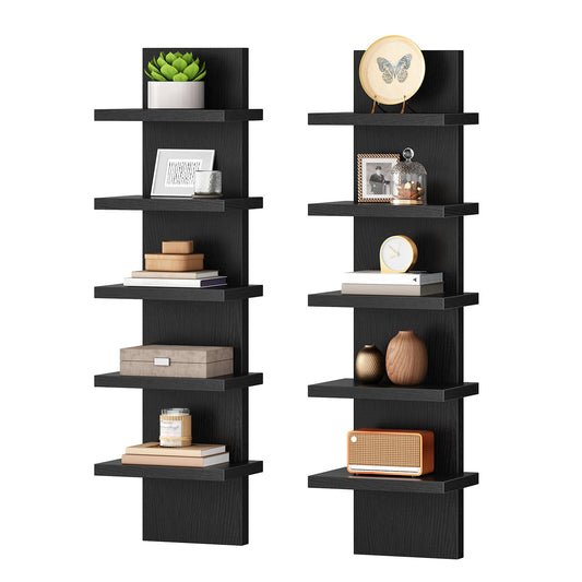HOOBRO 5 Tier Wall Shelf Unit, 2 Pack Floating Shelves for Wall, Wall Mounted Shelves for Storage, Vertical Display Shelf, Organizer Tall Tower Design for Livingroom Bedroom Kitchen, Black BK18BJP201