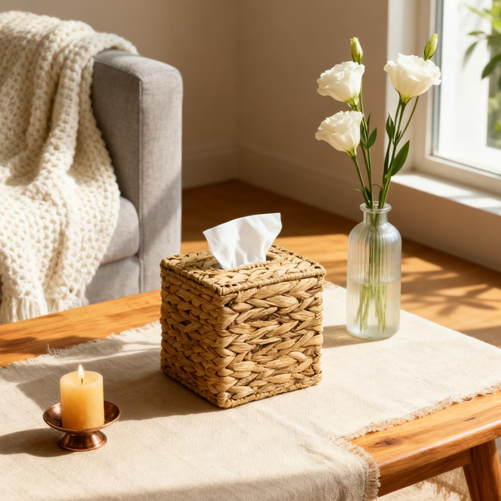 1 Pcs Water Hyacinth Handwoven Tissue Box Cover - Natural Handmade Wicker Napkin Holder, Square Facial Tissue Case, Rustic Boho Decor for Table, Bathroom, Office