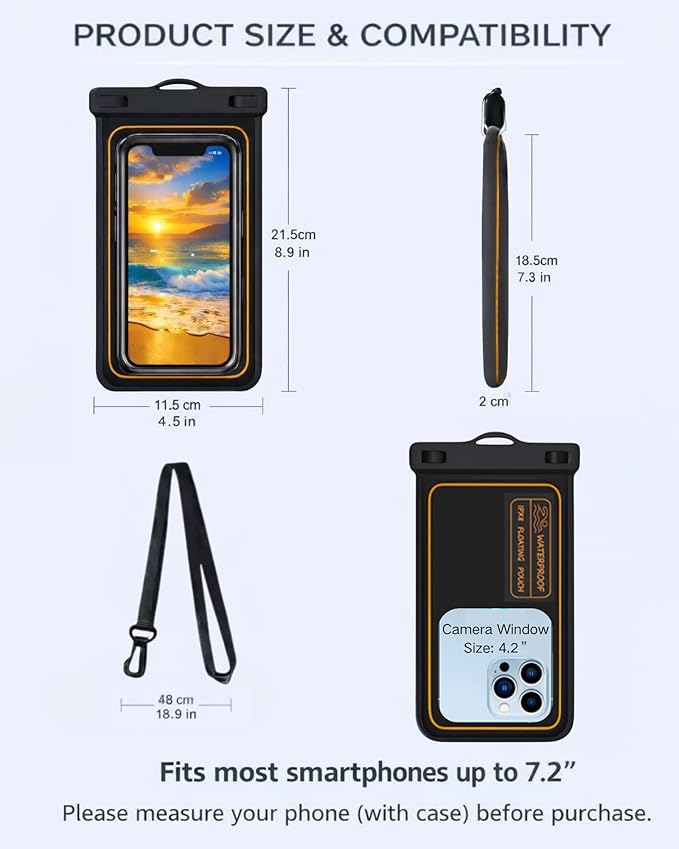 2-Pack IPX8 Floating Waterproof Phone Pouch, Dry Bag with Lanyard, Fits up to 7.2”, Compatible with iPhone 16/15/14/13 Pro Max, Galaxy S25/S24 Ultra, Pixel for Snorkeling, Kayaking(Black-White)