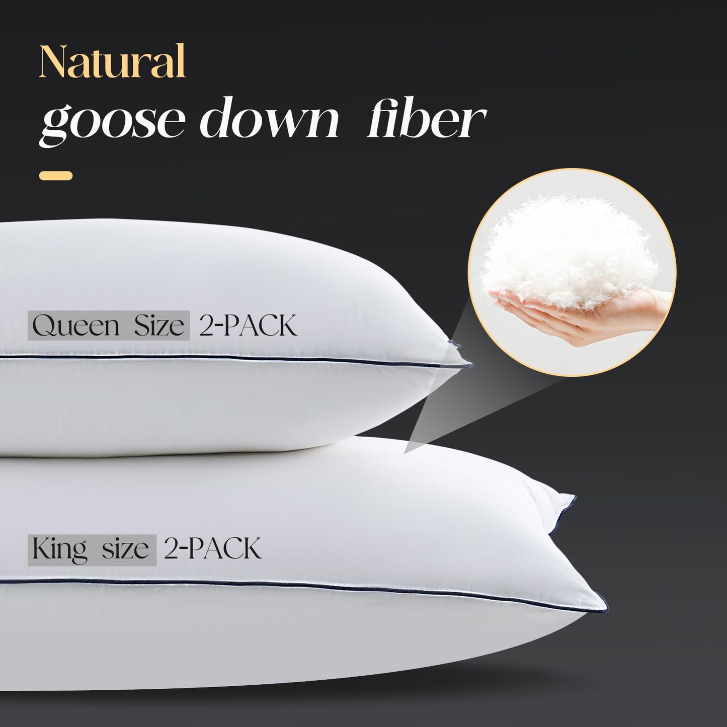 Yalamila Luxurious Goose Down Bed Pillows Queen Size Set of 2, Hotel Collection Pillows Designed for Deep Sleep, Soft and Supportive Filling for Side, Back Sleepers 20" x 30"