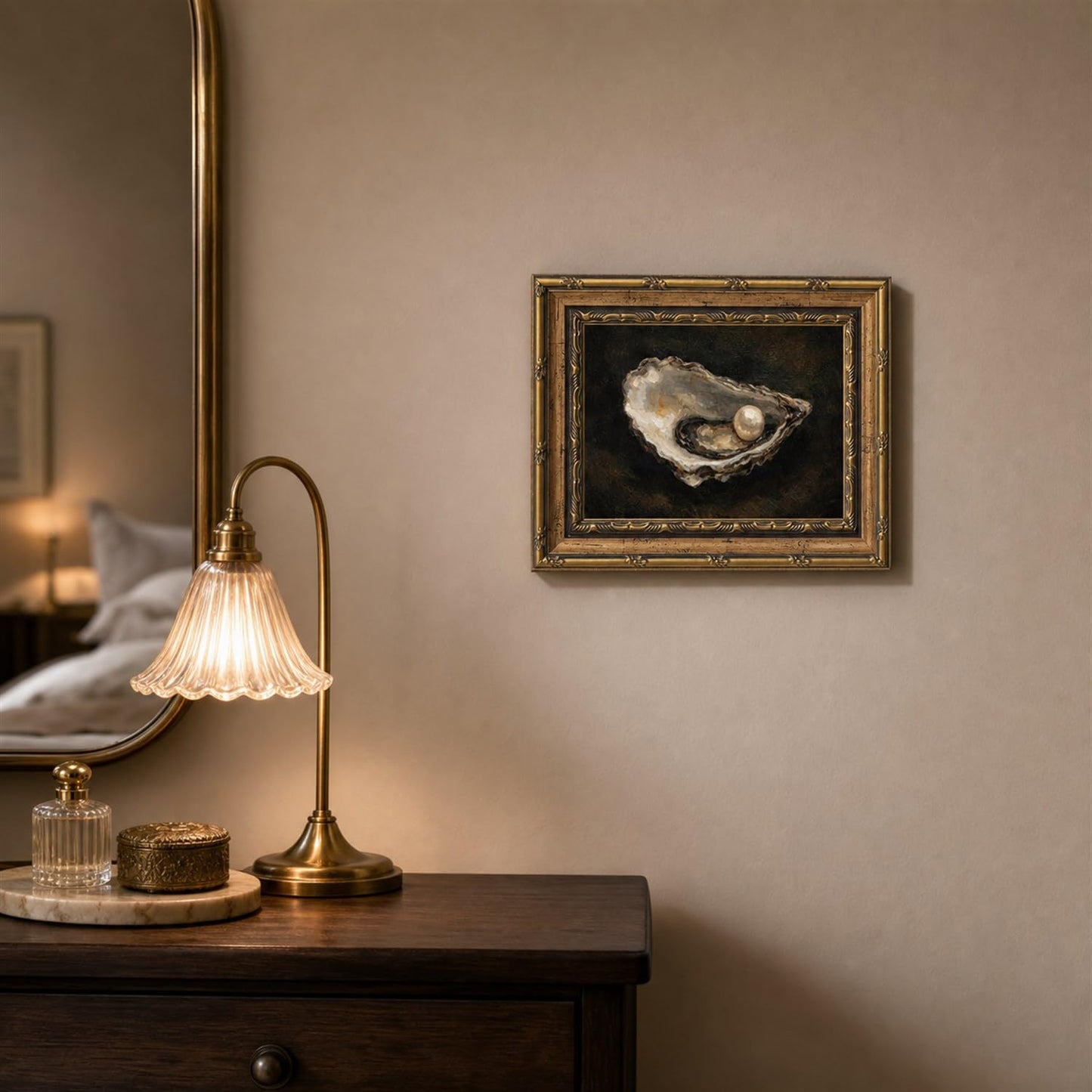 Gold Framed Wall Art Classical Pearl Oyster Painting for Kitchen Countertop Decor French Country Still Life Picture Ornate Framed Canvas Artwork for Dining Room 8x10 Inch
