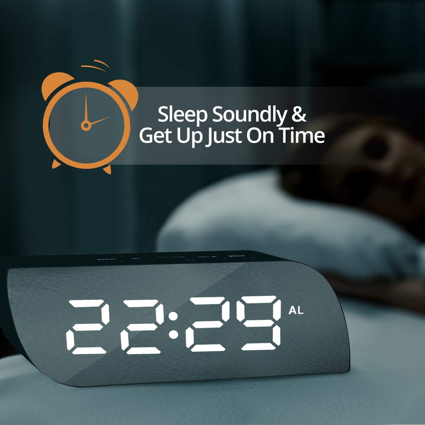 Betus Aesthetic Digital Alarm Clock Mirror Surface - Dimmer Night Mode, Large LED Digits Display, Easy Snooze - USB & Battery Operated - Bedroom, Office, Travel Portable (Black)