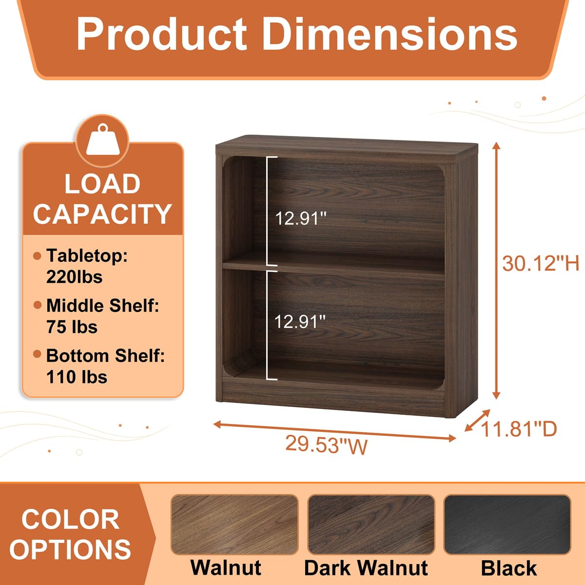 FATORRI Small Wooden Bookshelf, 2-Tier Open Bookcase with Rounded Corners, Compact Floor Standing Storage Book Shelf for Living Room, Bedroom, Home Office (Dark Walnut)
