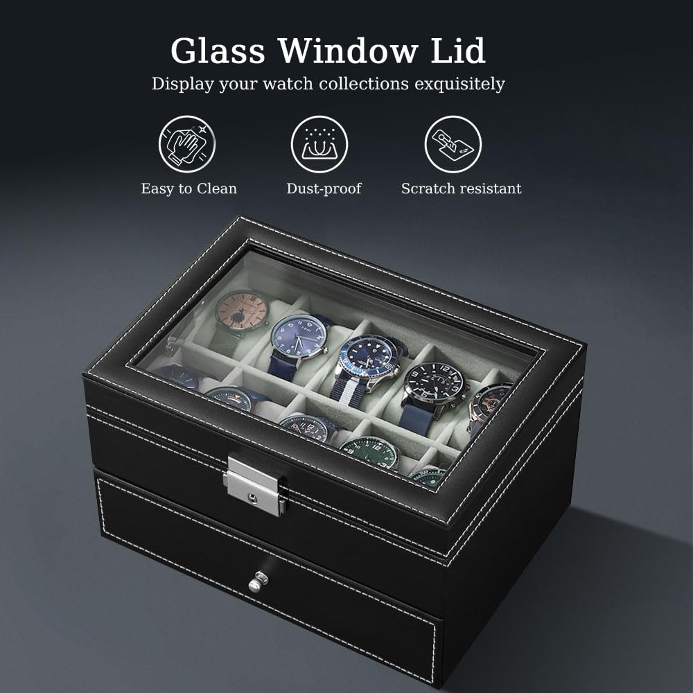 J&T Technology 20-Slot Watch Box for Men,2 Layers Watch Box Organizer,Watch Display Case with Glass Lid,Watch Holder Organizer with Removable Pillows,Gift for Loved Ones(20 Slot)