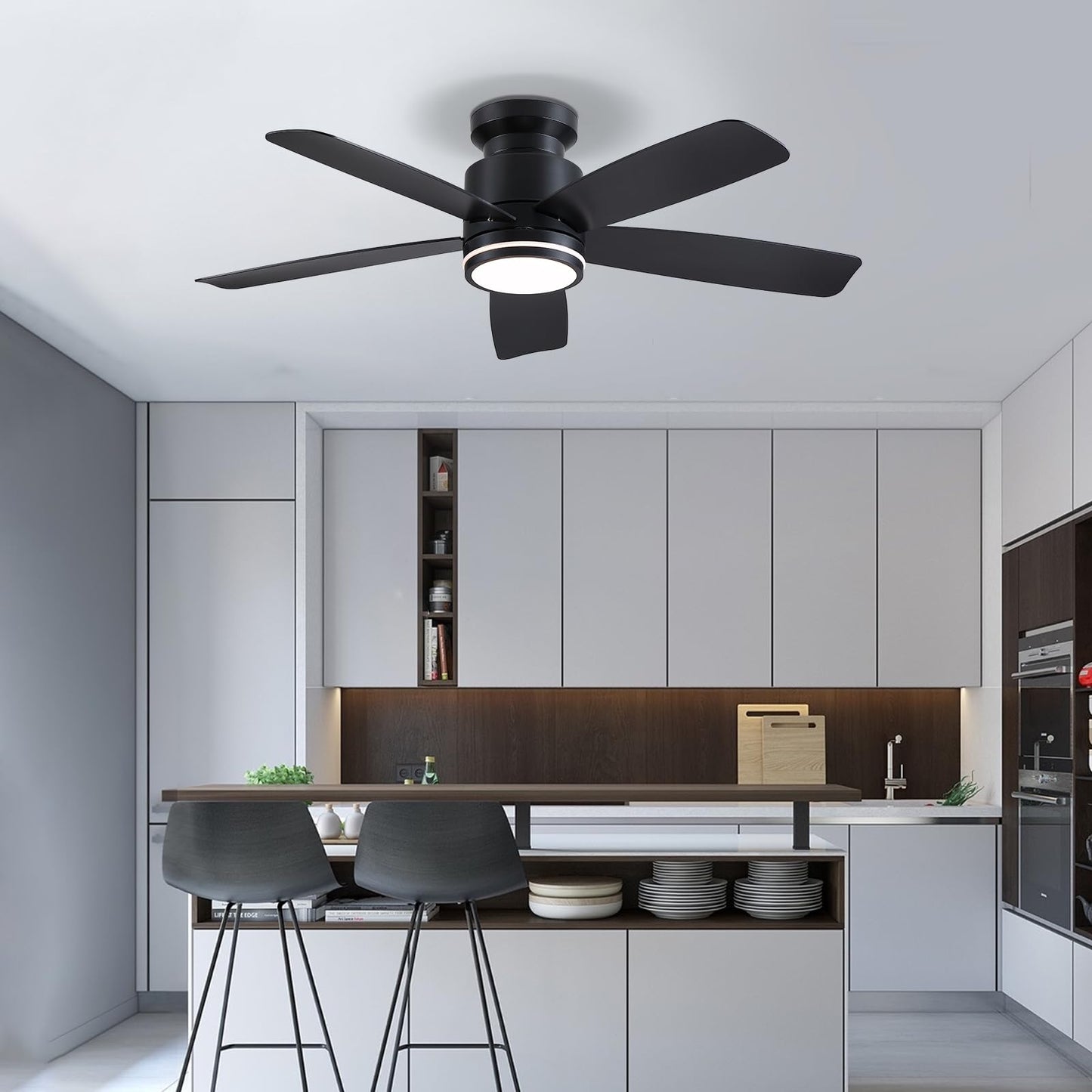 Wiviniya 46 Inch Black Flush Mount Ceiling Fan with Light, 5 Blades Reversible Fan, 6-Speed & 2-Hour Timer, Remote Control, 3 CCT Dimmable for Living Room Bedroom