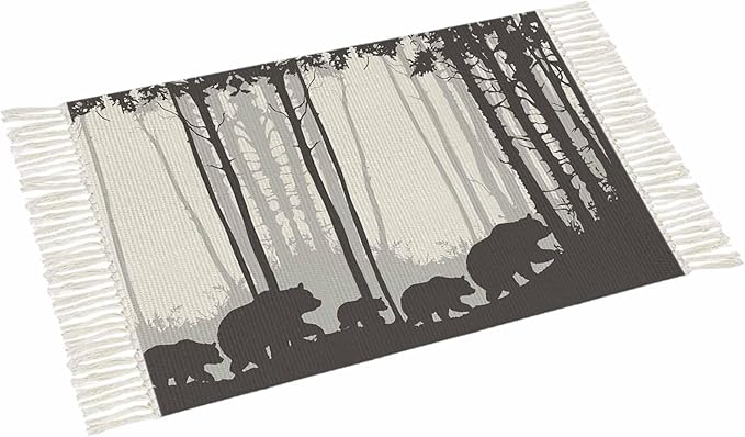 Rustic Bear Entryway Rug 2X3 Ft Bathroom Mat, Washable Woven Forest Animal Rustic Cabin Throw Carpet with Tassel, Non-Shedding Farmhouse Vintage Nature Scenery Art Indoor Outdoor Kitchen Doormats