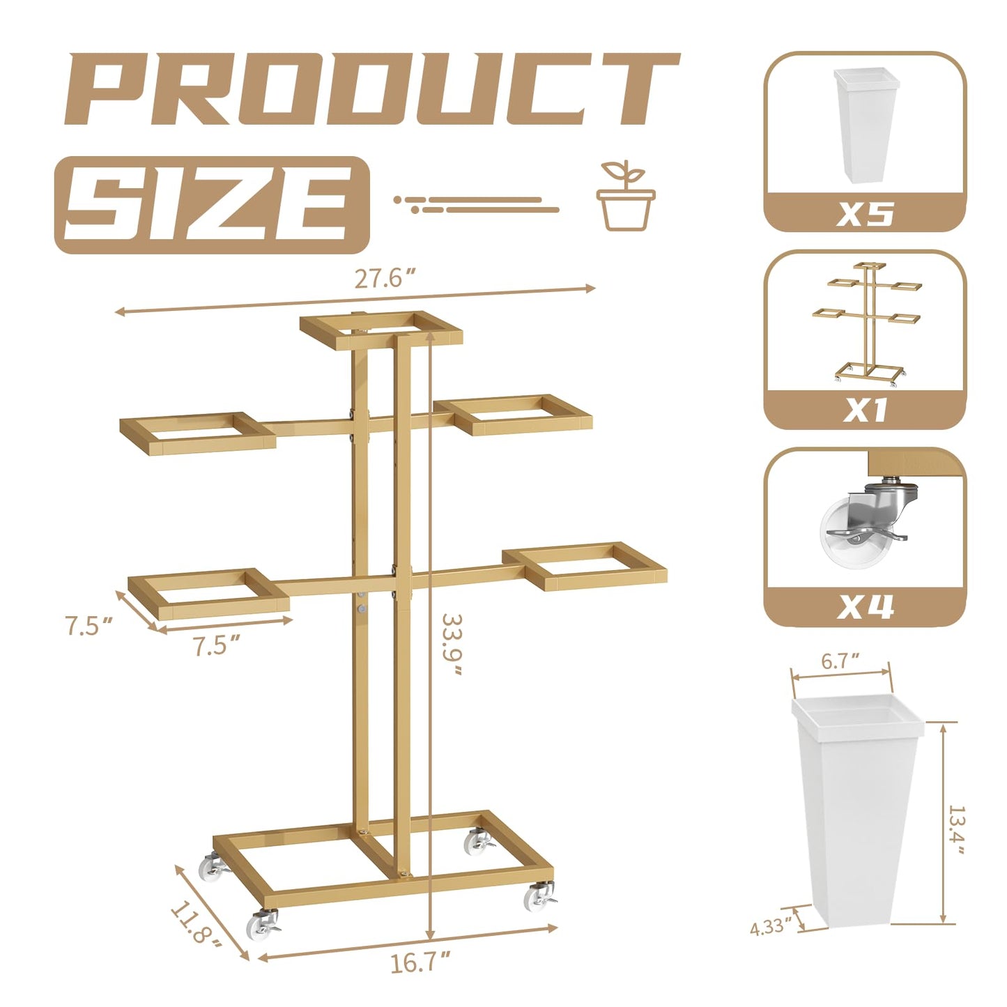 MILEFA Flower bar Stand with Buckets, Moving Flower Display Stand with Wheels, Metal Flower Cart for Bridal Shower. Wedding, Party, Garden, Gold