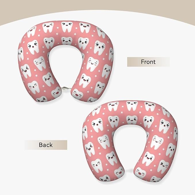 Travel Neck Pillow for Pain Relief Sleeping, Cute Dental Teeth Pink, Comfortable Memory Foam Chin Head Cushion Support with Zip Cover, Fashion Car Flight Pillows