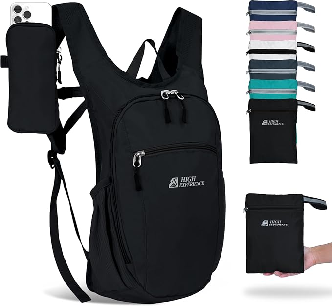 HIGH EXPERIENCE Hiking Backpack 10L/15L Small Daypack Lightweight Packable Travel Foldable Water Resistan for Women Men (Black, 10L)