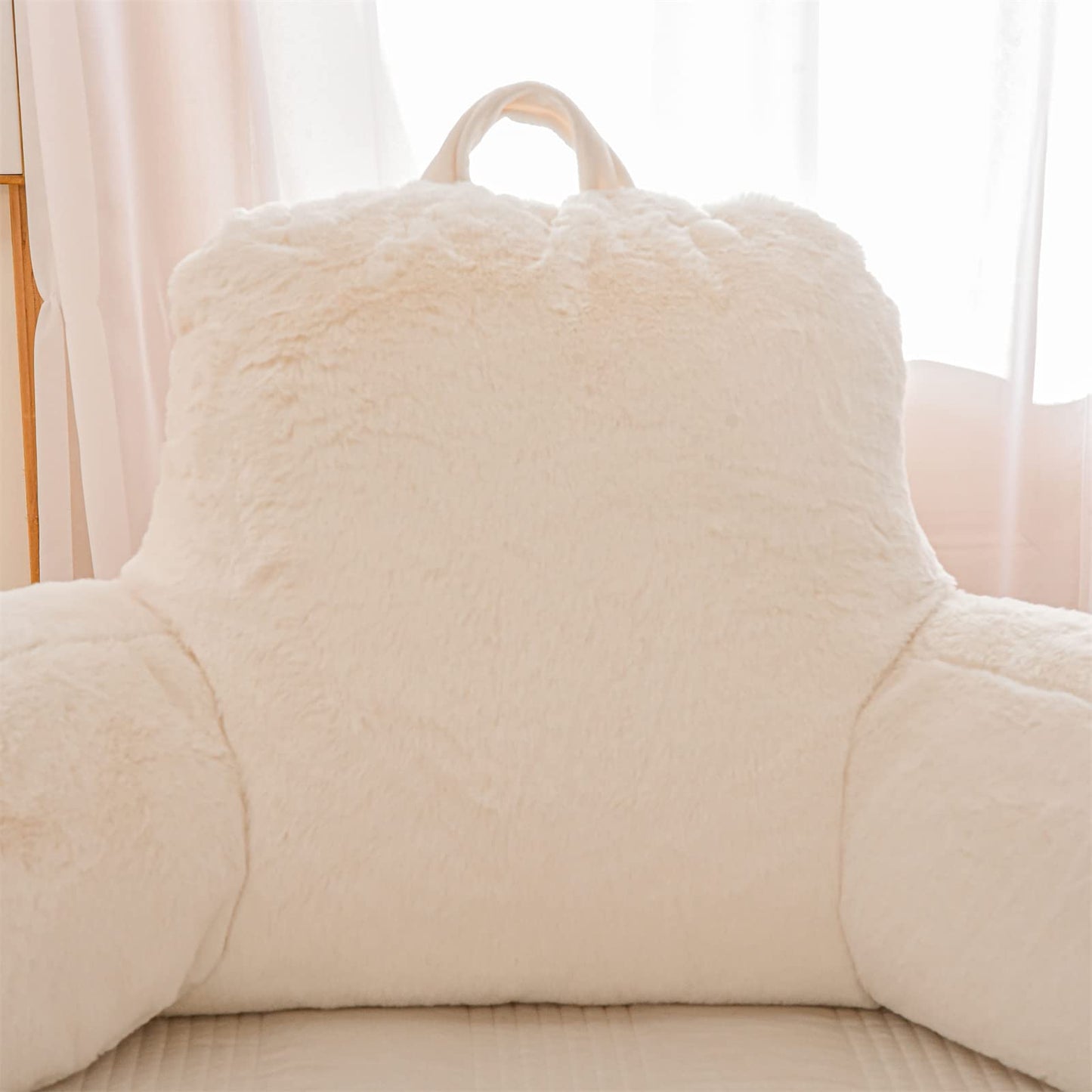 A Nice Night Faux Fur Reading Pillow Bed Wedge Large Adult Children Backrest with Arms Back Support for Sitting Up in Bed/Couch for Bedrest,Ivory