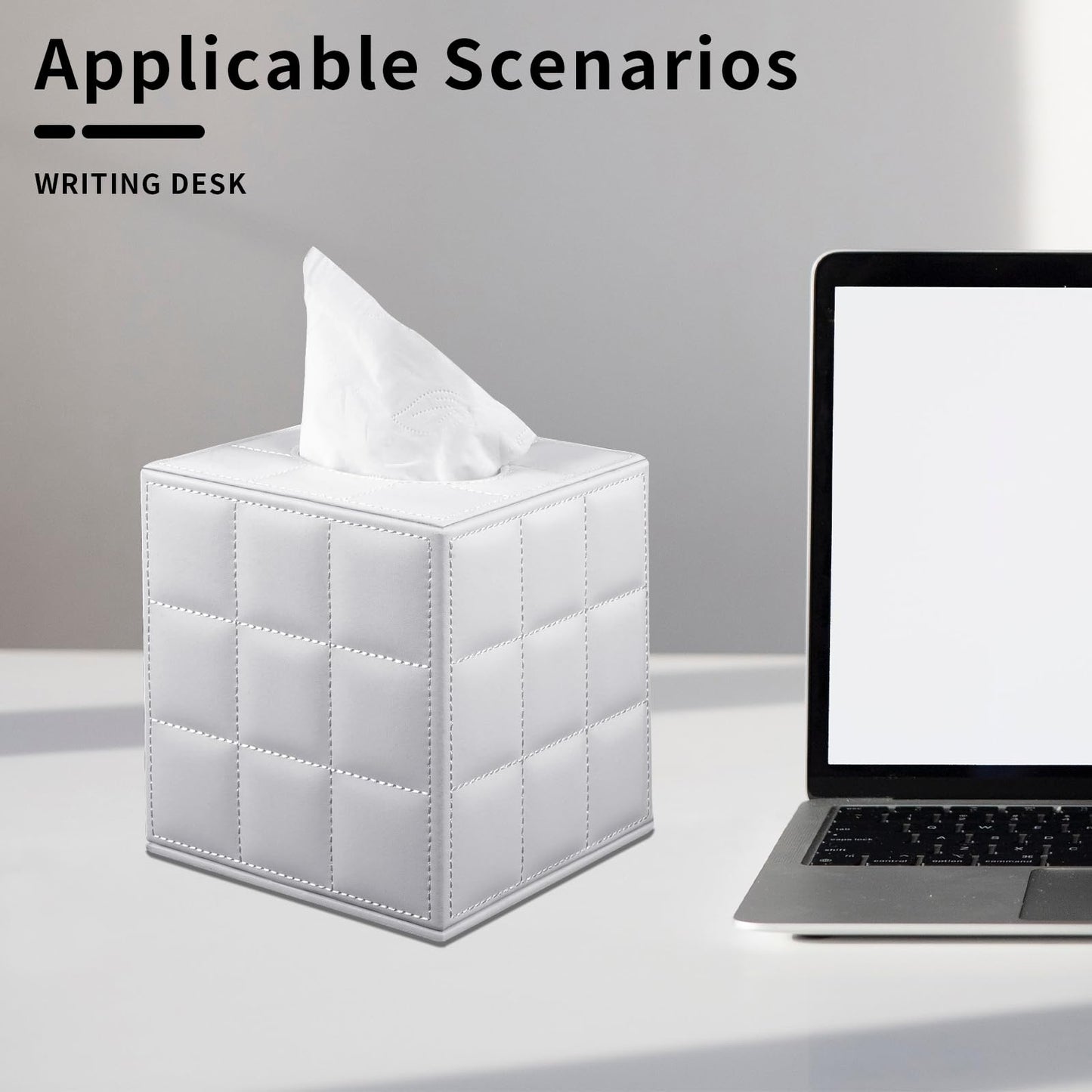 RHCSZ Tissue Box Cover Square,Stylish PU Leather Tissue Box Holder for Dresser Bathroom,Facial Tissue Holder with Magnetic Bottom for Home Office (White)