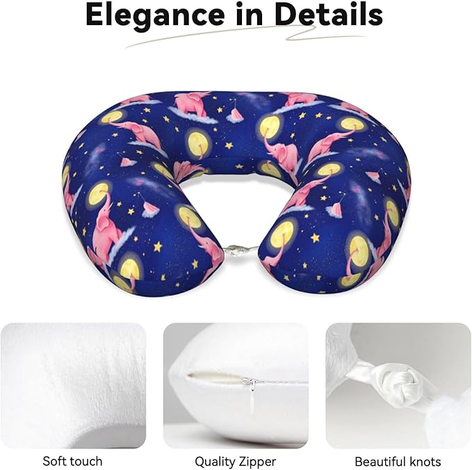 Comfortable Travel Pillow for Pain Relief Sleeping, Memory Foam Airplane Car Neck Pain Pillows Full Moon Rose Elephants, Funny Chin Head Support Cushion