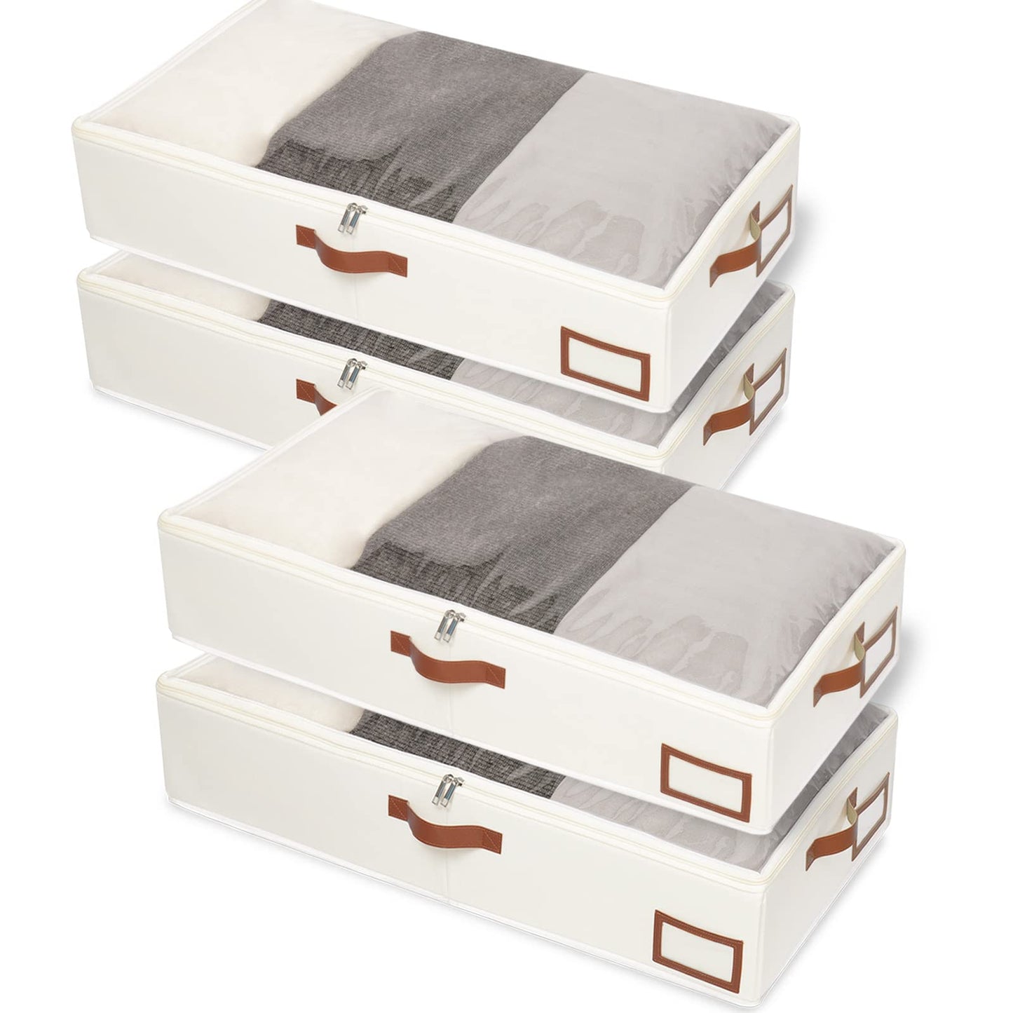 Yawinhe Under Bed Storage Containers, 4 Pack, Bin with Lids, Collapsible Closet Organizers, with Sorting Card Slot and 4 Leather Handles, for Blanket, Bedding, 31.5''Lx15.7''Wx6''H, Beige