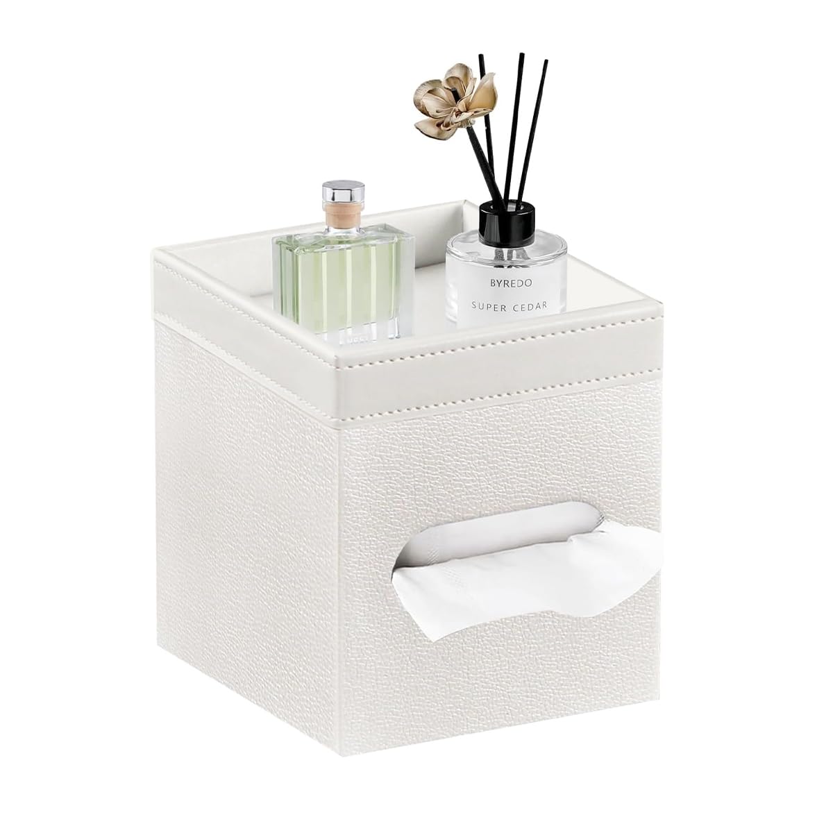 Tissue Box Cover Square, PU Leather Tissue Cube Box Holder with Storage Valet Tray, Decorative Tissue Holders, Modern Tissues Case Napkin Dispenser Facial Paper Organizer for Bathroom Vanity