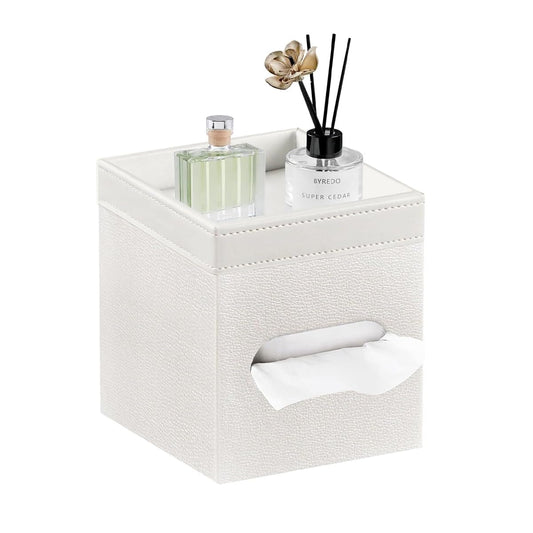 Tissue Box Cover Square, PU Leather Tissue Cube Box Holder with Storage Valet Tray, Decorative Tissue Holders, Modern Tissues Case Napkin Dispenser Facial Paper Organizer for Bathroom Vanity