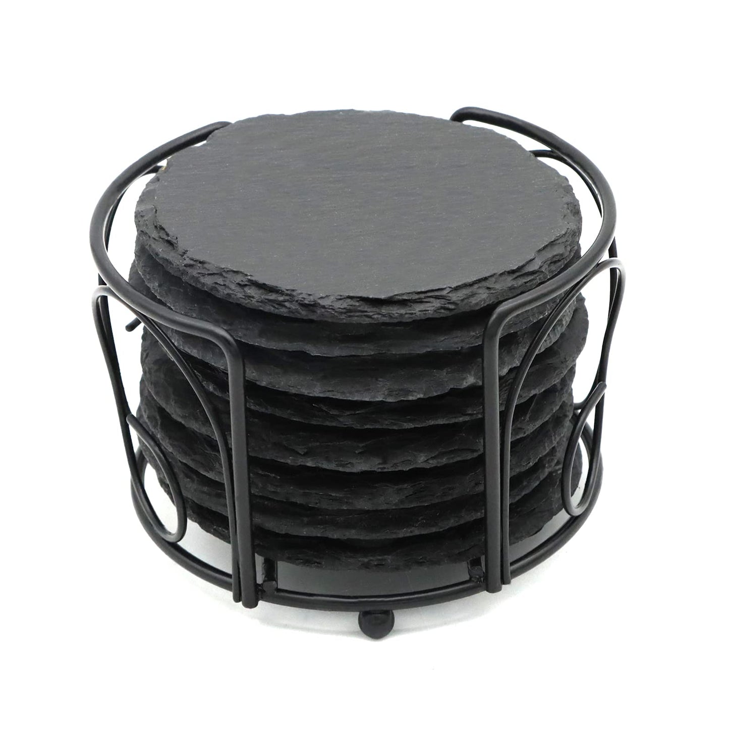8 PCS Round Slate Drink Coasters Set, SIJDIEE 4 Inch Laser Engraving Black Slate Stone Coasters with Anti-Scratch Bottom and Coaster Holder for Office Bar Kitchen Home Dinner Table Decor Supplies