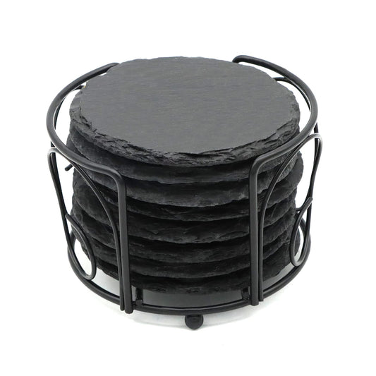 8 PCS Round Slate Drink Coasters Set, SIJDIEE 4 Inch Laser Engraving Black Slate Stone Coasters with Anti-Scratch Bottom and Coaster Holder for Office Bar Kitchen Home Dinner Table Decor Supplies