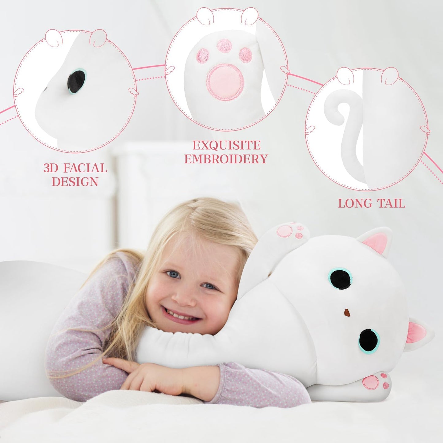 MaoGoLan 44'' Cat Plush Body Pillow, Giant Glow in The Dark Cat Stuffed Animal Pillow for Girl Boy Kid, Long Cute Kitty Plush Pillow for Birthday Gift, Baby Shower Party Decor, White