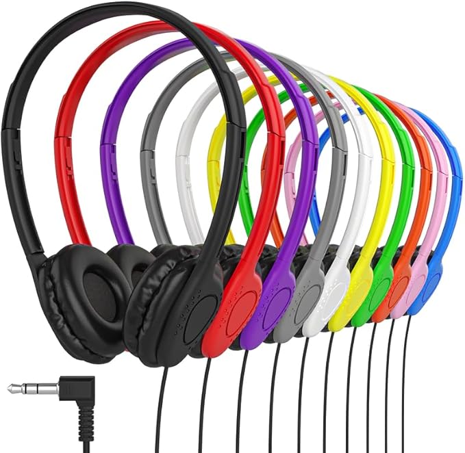 Maeline Kids Headphones for School Classroom K-12, Library, Museum, Travel, On Ear Stereo Headset with Adjustable Band & Faux Leather Cushions - 3.5mm Plug - 20 Pack - Multicolors
