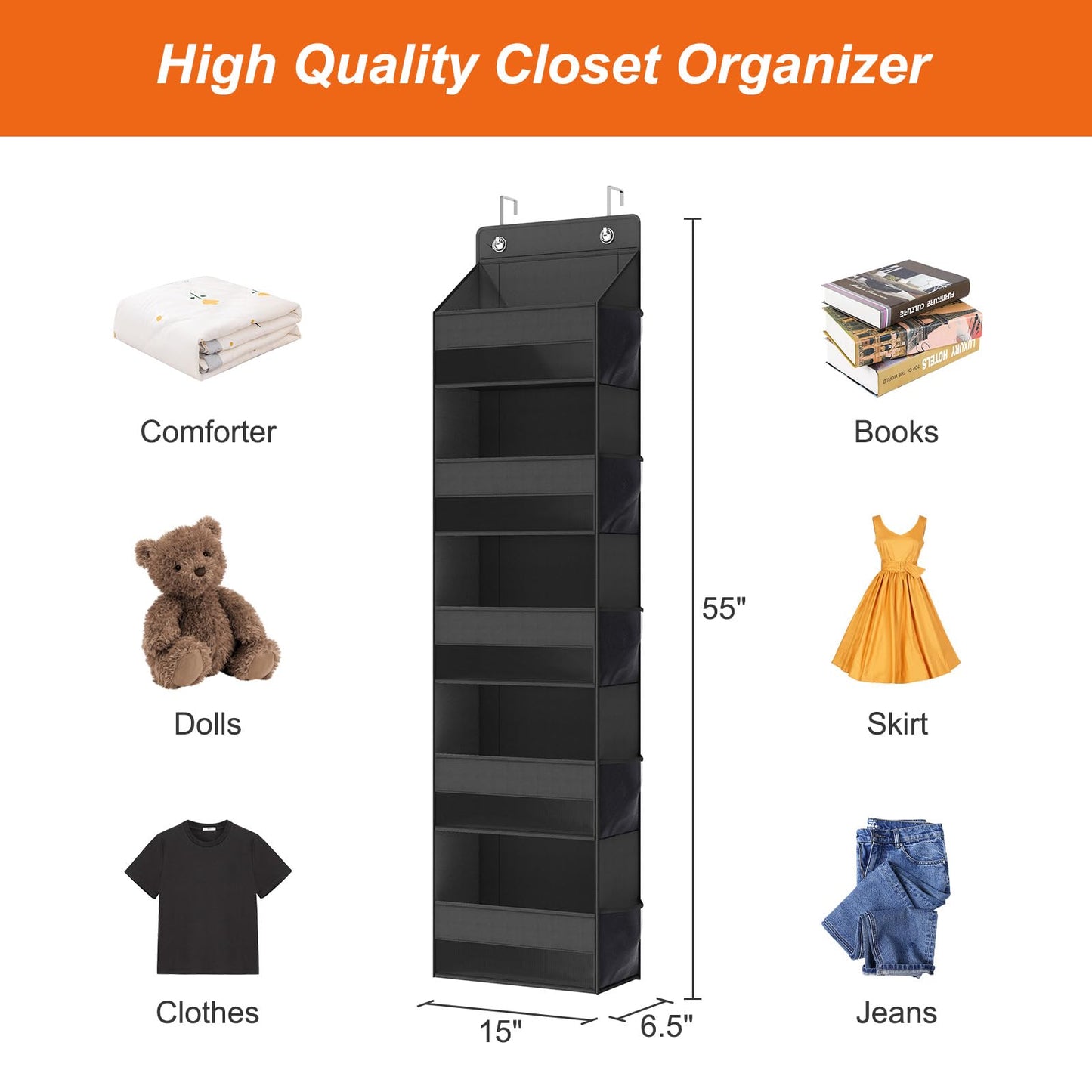 Fixwal Over Door Storage Organizer, 5-Shelf Wall Mount Upgrade Hanging Storage with 5 Large Pockets 10 Mesh Side Pockets for Pantry Bedroom Dorm Pantry Nursery Bathroom Diapers Clothes (Black)